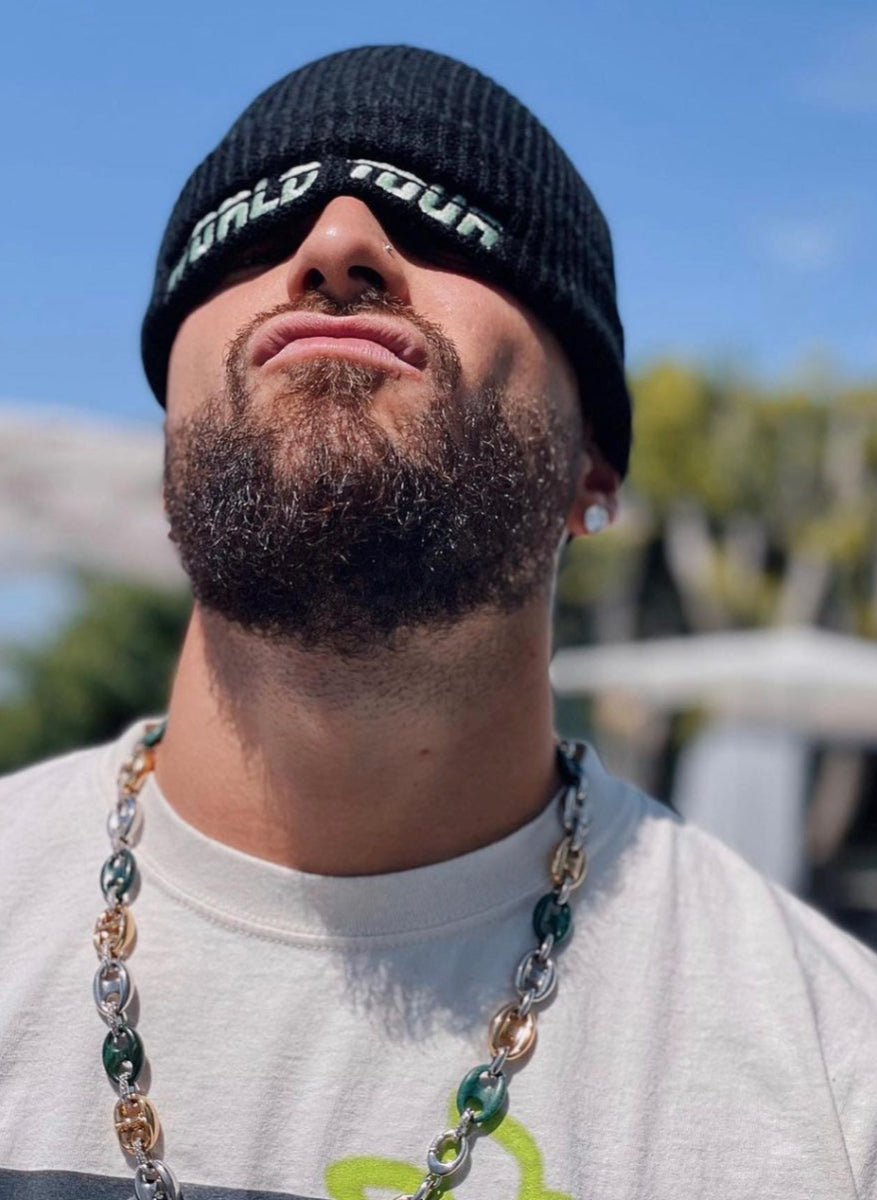 Maluma World Tour Fisherman Black Beanie - Green Embroidery